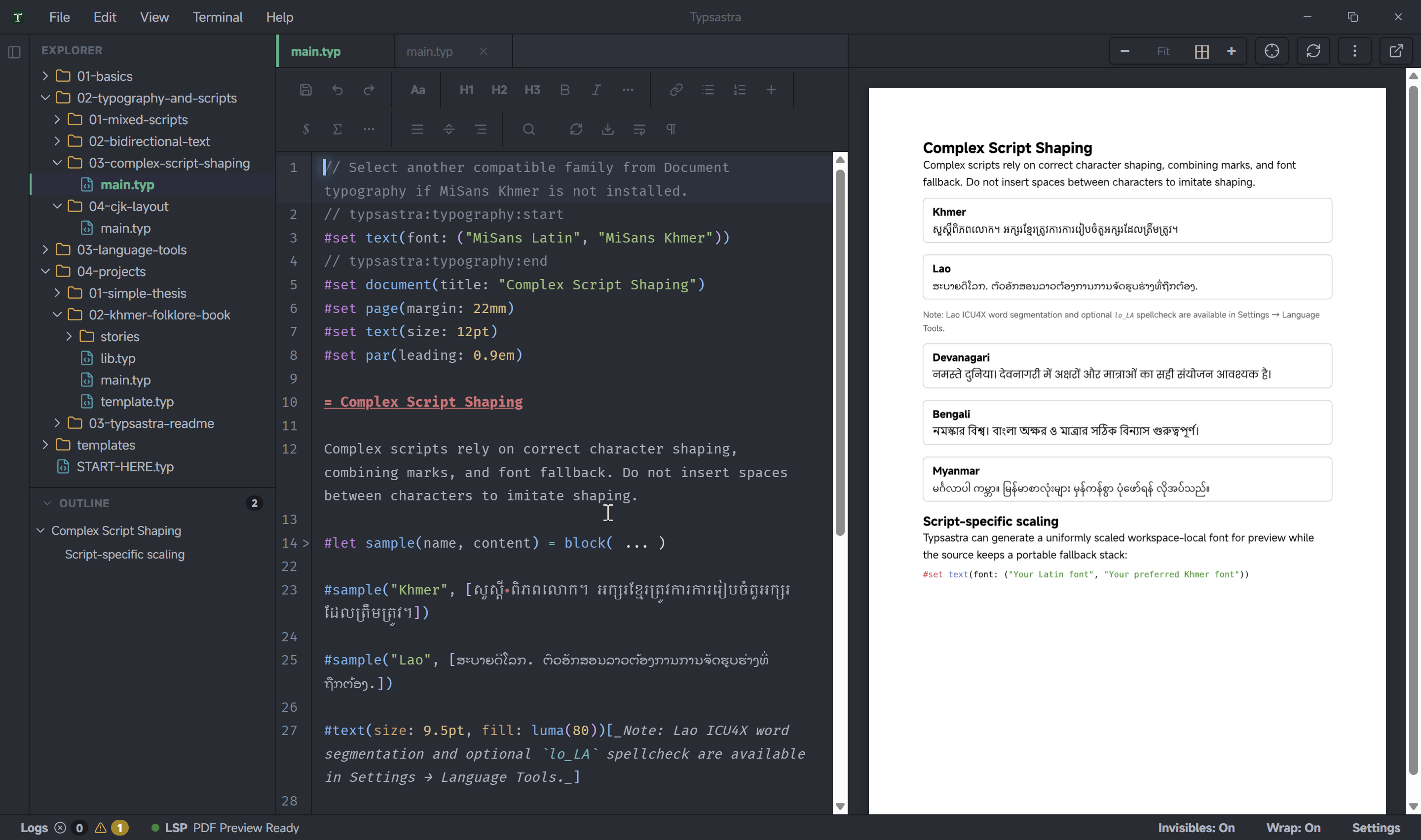 Typsastra editor showing multilingual Typst source code and a PDF preview.