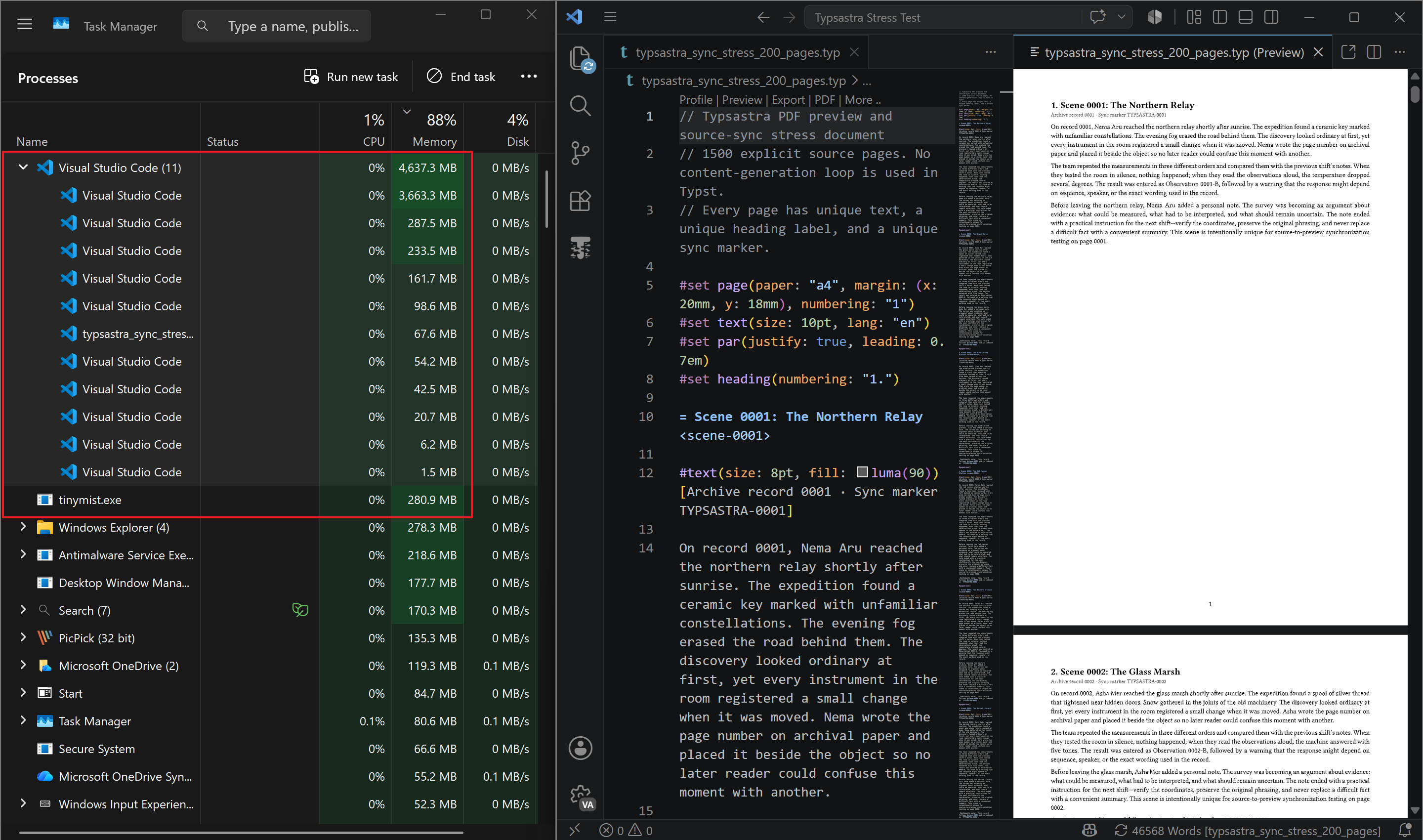 VS Code and Tinymist previewing a two-hundred-page document