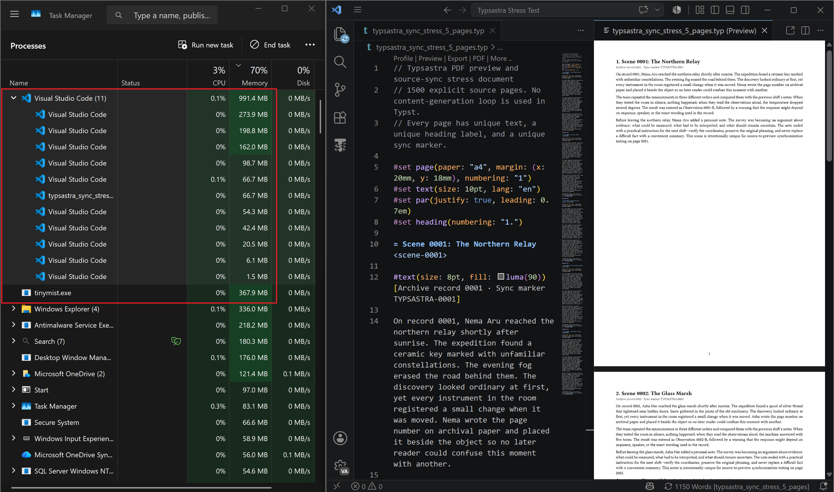 VS Code and Tinymist previewing a five-page document