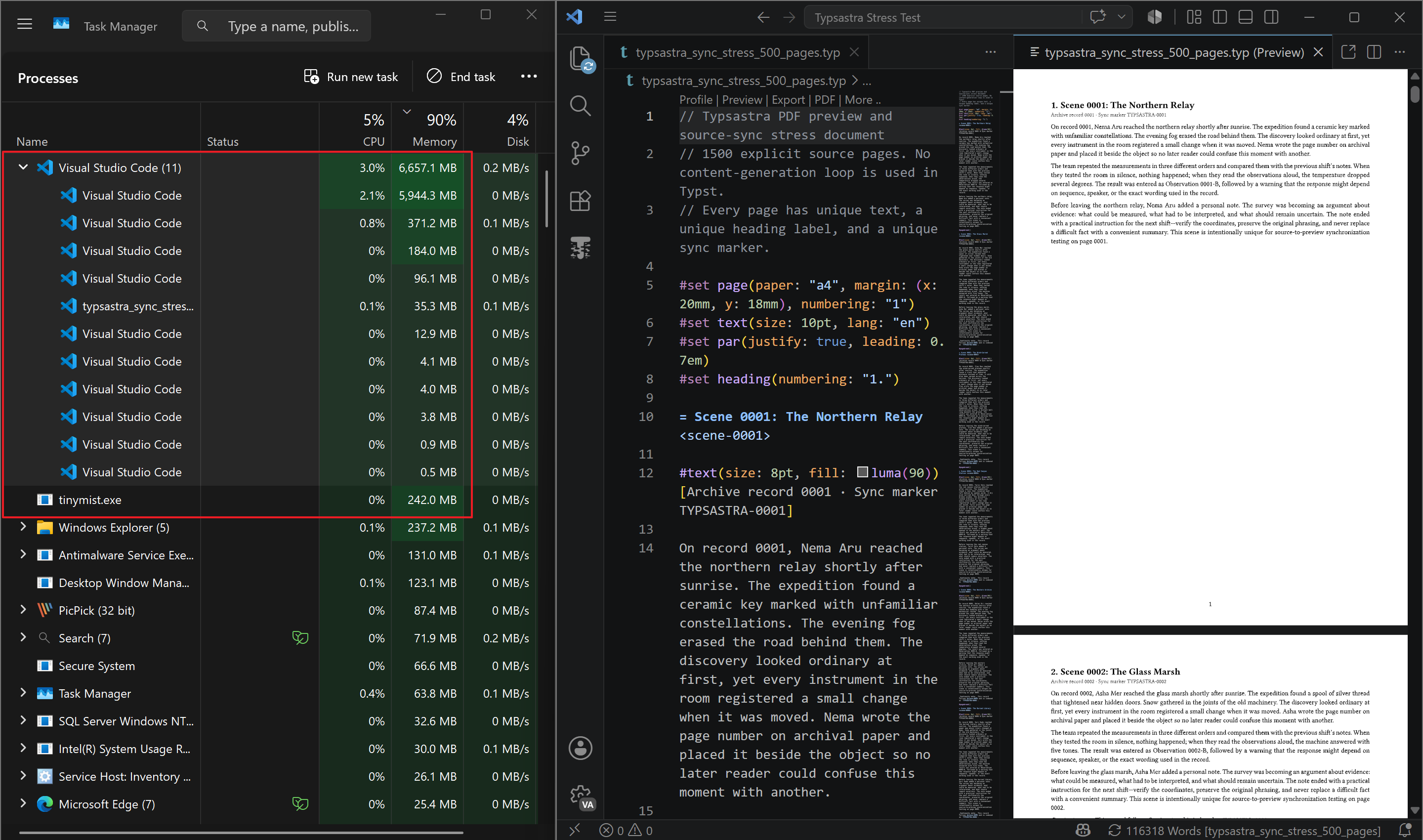 VS Code and Tinymist previewing a five-hundred-page document